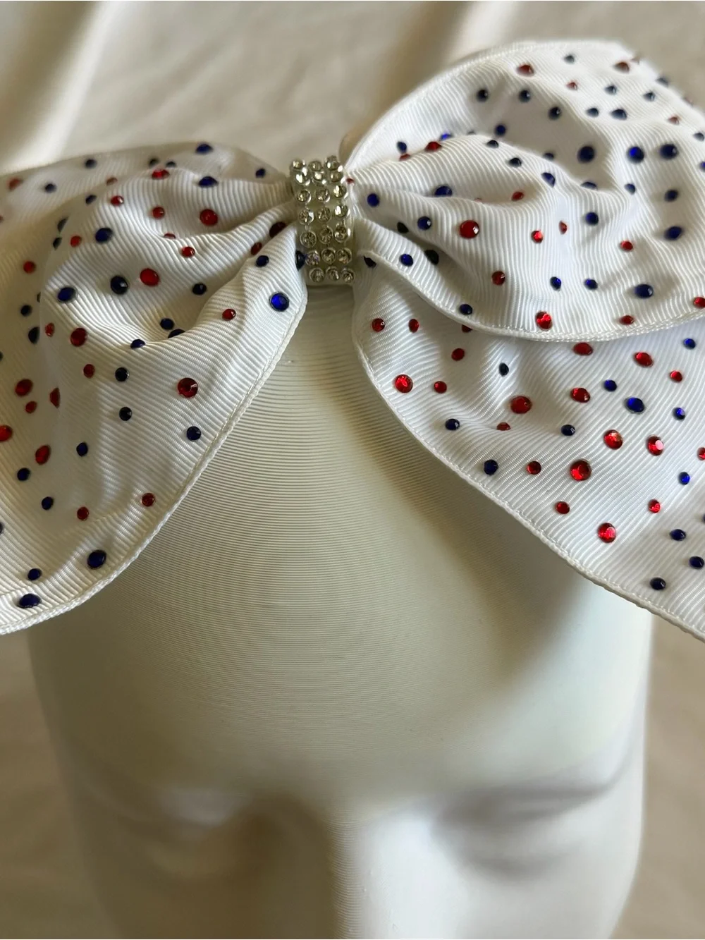 White Kids Hair Bow with Red & Blue Dots and Rhinestone Center